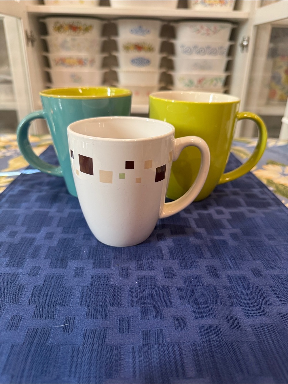Corelle Ceramic Mug and two other- White, Teal, Lime Green
